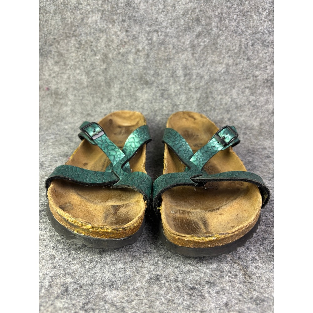 Birki's Salina Sandals Womens 40 9 Metallic Green‎ Snake Embossed Strappy Cork